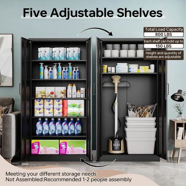 Alt view image 5 of 7 - Metal Garage Storage Cabinet, 71" Tall Storage Cabinets with 2 Doors and 5 Adjustable Shelves, Steel Utility Tool Caninet, Black Locking Caninets, Lockable File Cabnet for Home/Office/School