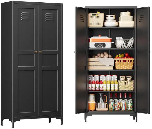 Main image of 61" Tall Kitchen Pantry Storage Cabinet with 2 Doors and 4 Adjustable Shelve, Metal Black Food Pantry Cabinet, Kitchen Cabinet Storage Unit,5 Tier Freestanding Cupboard for Kitchen Dining/Living Room