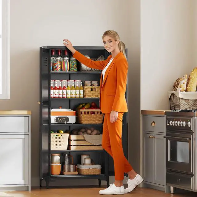 Alt view image 2 of 7 - 61" Tall Kitchen Pantry Storage Cabinet with 2 Doors and 4 Adjustable Shelve, Metal Black Food Pantry Cabinet, Kitchen Cabinet Storage Unit,5 Tier Freestanding Cupboard for Kitchen Dining/Living Room