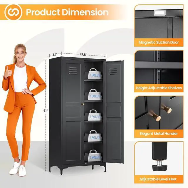 Alt view image 3 of 7 - 61" Tall Kitchen Pantry Storage Cabinet with 2 Doors and 4 Adjustable Shelve, Metal Black Food Pantry Cabinet, Kitchen Cabinet Storage Unit,5 Tier Freestanding Cupboard for Kitchen Dining/Living Room