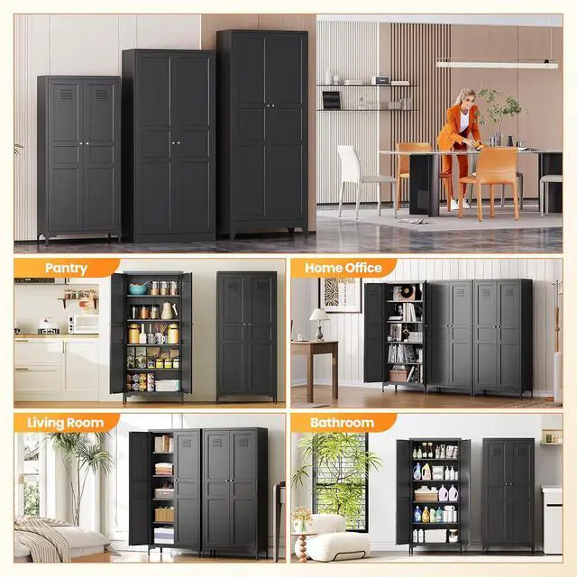 Alt view image 4 of 7 - 61" Tall Kitchen Pantry Storage Cabinet with 2 Doors and 4 Adjustable Shelve, Metal Black Food Pantry Cabinet, Kitchen Cabinet Storage Unit,5 Tier Freestanding Cupboard for Kitchen Dining/Living Room