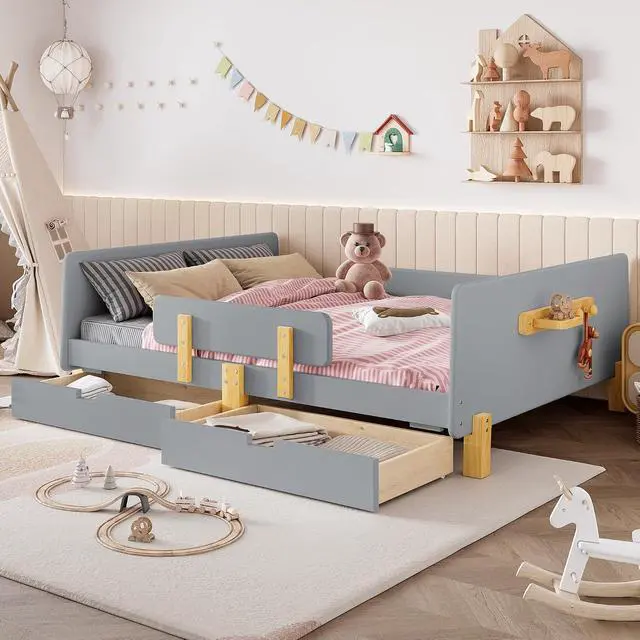 Alt view image 3 of 7 - Full Wood Platform Bed with Storage Drawers, Solid Wooden Bedframe with Guardrail, Modern Girl Boys Bed with Small Shelf and Hanging Hooks for Living Room, Bedroom, Guest Room, Dorm, Gray