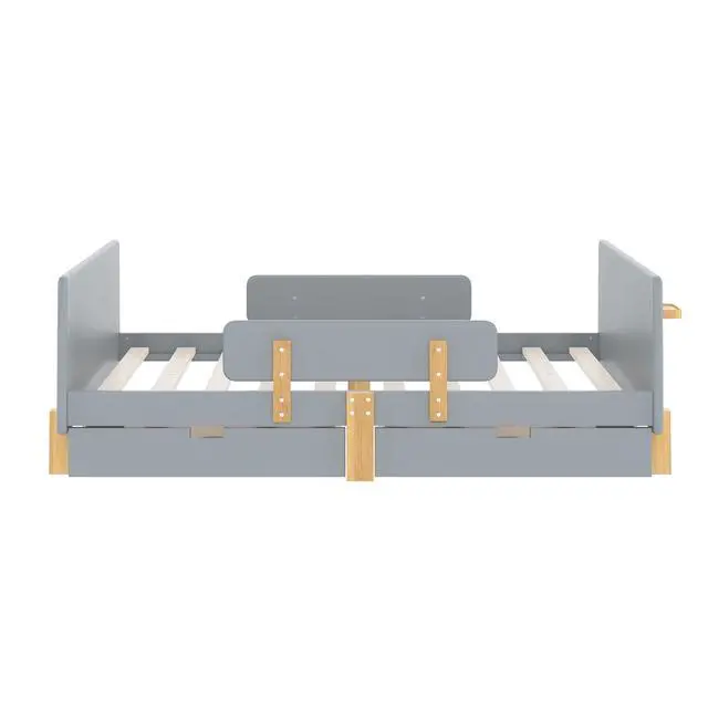 Alt view image 5 of 7 - Full Wood Platform Bed with Storage Drawers, Solid Wooden Bedframe with Guardrail, Modern Girl Boys Bed with Small Shelf and Hanging Hooks for Living Room, Bedroom, Guest Room, Dorm, Gray