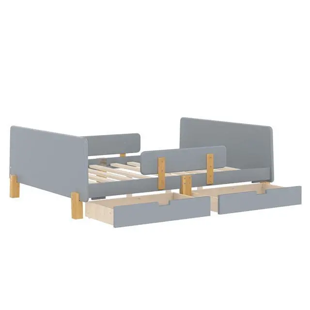 Alt view image 6 of 7 - Full Wood Platform Bed with Storage Drawers, Solid Wooden Bedframe with Guardrail, Modern Girl Boys Bed with Small Shelf and Hanging Hooks for Living Room, Bedroom, Guest Room, Dorm, Gray
