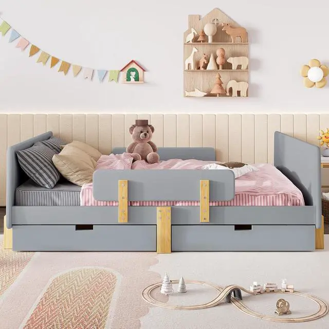 Alt view image 4 of 7 - Full Wood Platform Bed with Storage Drawers, Solid Wooden Bedframe with Guardrail, Modern Girl Boys Bed with Small Shelf and Hanging Hooks for Living Room, Bedroom, Guest Room, Dorm, Gray