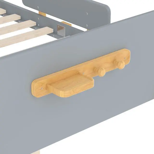 Alt view image 7 of 7 - Full Wood Platform Bed with Storage Drawers, Solid Wooden Bedframe with Guardrail, Modern Girl Boys Bed with Small Shelf and Hanging Hooks for Living Room, Bedroom, Guest Room, Dorm, Gray