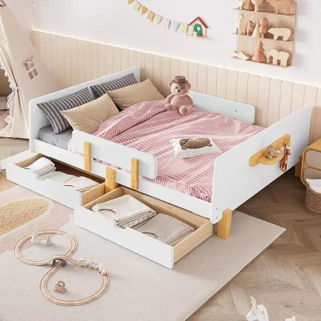 Main image of Full Wood Platform Bed with Storage Drawers, Solid Wooden Bedframe with Guardrail, Modern Girl Boys Bed with Small Shelf and Hanging Hooks for Living Room, Bedroom, Guest Room, Dorm, White