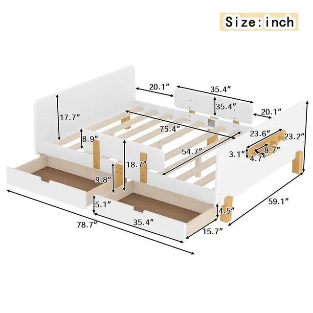 Alt view image 2 of 7 - Full Wood Platform Bed with Storage Drawers, Solid Wooden Bedframe with Guardrail, Modern Girl Boys Bed with Small Shelf and Hanging Hooks for Living Room, Bedroom, Guest Room, Dorm, White