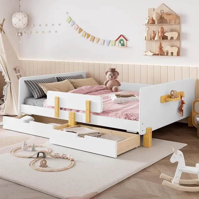 Alt view image 3 of 7 - Full Wood Platform Bed with Storage Drawers, Solid Wooden Bedframe with Guardrail, Modern Girl Boys Bed with Small Shelf and Hanging Hooks for Living Room, Bedroom, Guest Room, Dorm, White