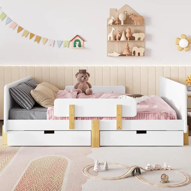 Alt view image 4 of 7 - Full Wood Platform Bed with Storage Drawers, Solid Wooden Bedframe with Guardrail, Modern Girl Boys Bed with Small Shelf and Hanging Hooks for Living Room, Bedroom, Guest Room, Dorm, White