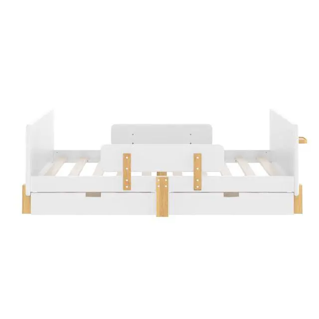 Alt view image 5 of 7 - Full Wood Platform Bed with Storage Drawers, Solid Wooden Bedframe with Guardrail, Modern Girl Boys Bed with Small Shelf and Hanging Hooks for Living Room, Bedroom, Guest Room, Dorm, White