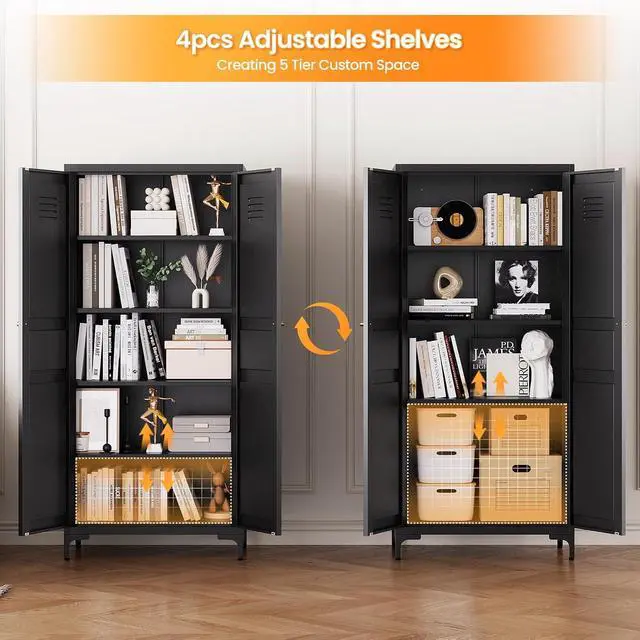 Alt view image 5 of 7 - 61" Tall Kitchen Pantry Storage Cabinet with 2 Doors and 4 Adjustable Shelve, Metal Black Food Pantry Cabinet, Kitchen Cabinet Storage Unit,5 Tier Freestanding Cupboard for Kitchen Dining/Living Room