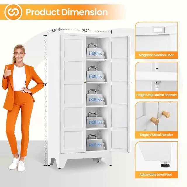 Alt view image 3 of 7 - 71" Tall Kitchen Cabinet Storage Unit With 2 Doors and 4 Adjustable Shelves, Metal White Freestanding Cupboard, 5 Tier Kitchen Pantry Storage Cabinet for Kitchen Dining/Living Room/Garage/Home/Office