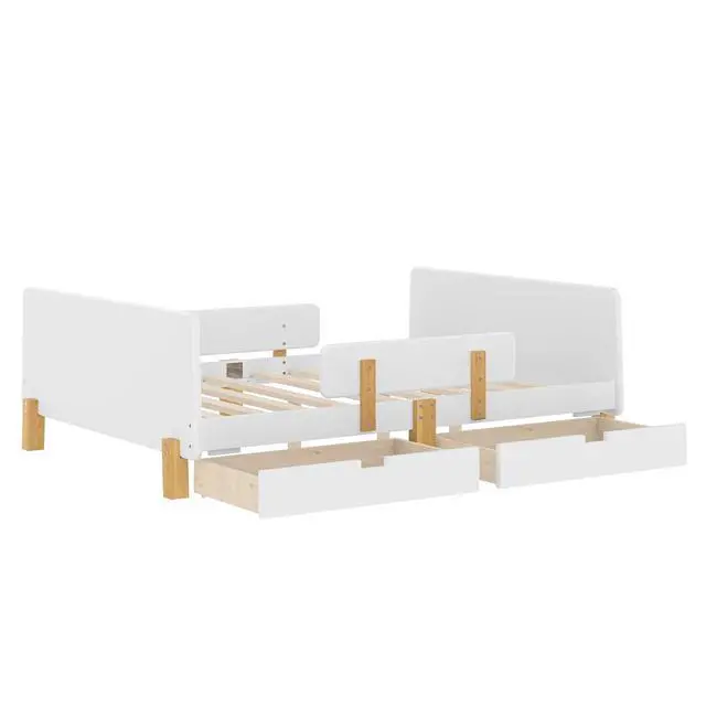 Alt view image 6 of 7 - Full Wood Platform Bed with Storage Drawers, Solid Wooden Bedframe with Guardrail, Modern Girl Boys Bed with Small Shelf and Hanging Hooks for Living Room, Bedroom, Guest Room, Dorm, White