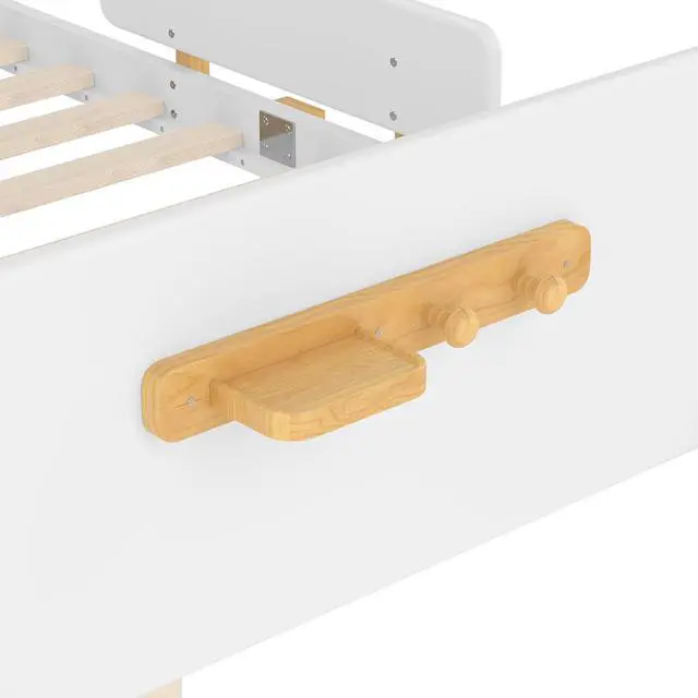 Alt view image 7 of 7 - Full Wood Platform Bed with Storage Drawers, Solid Wooden Bedframe with Guardrail, Modern Girl Boys Bed with Small Shelf and Hanging Hooks for Living Room, Bedroom, Guest Room, Dorm, White