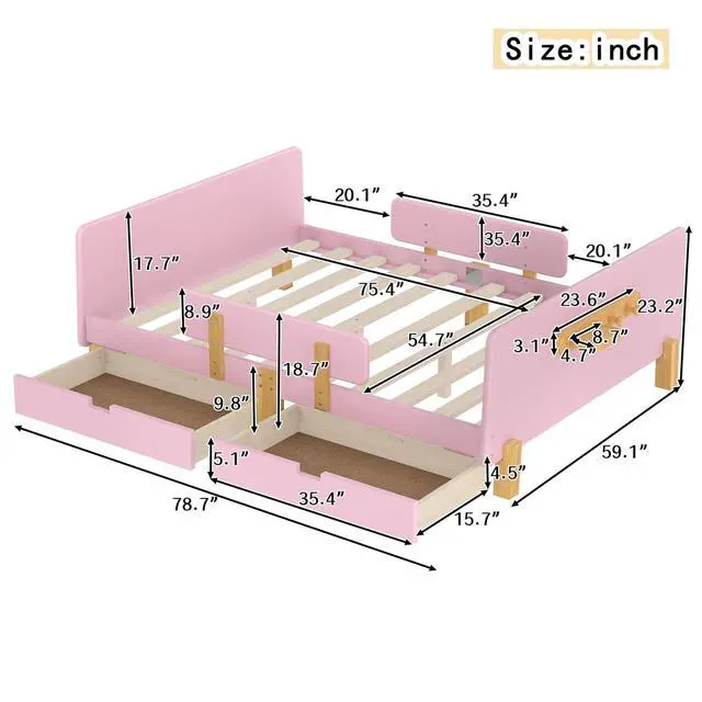 Alt view image 2 of 7 - Full Wood Platform Bed with Storage Drawers, Solid Wooden Bedframe with Guardrail, Modern Girl Boys Bed with Small Shelf and Hanging Hooks for Living Room, Bedroom, Guest Room, Dorm, Pink