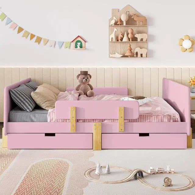 Alt view image 4 of 7 - Full Wood Platform Bed with Storage Drawers, Solid Wooden Bedframe with Guardrail, Modern Girl Boys Bed with Small Shelf and Hanging Hooks for Living Room, Bedroom, Guest Room, Dorm, Pink