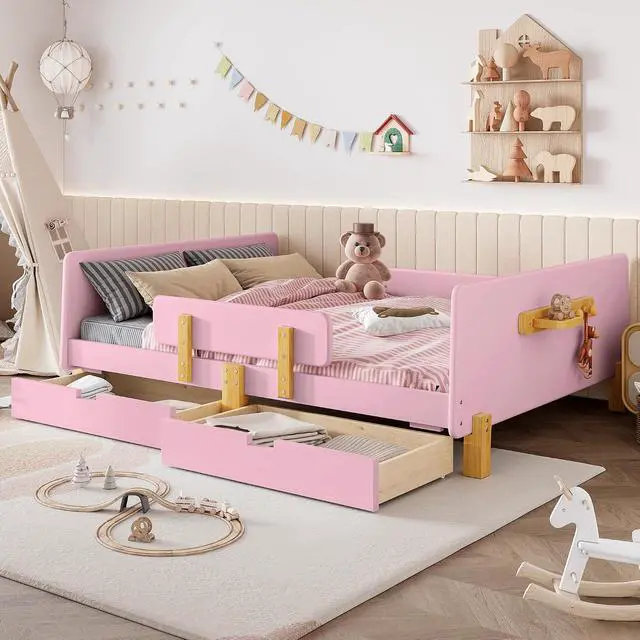 Alt view image 3 of 7 - Full Wood Platform Bed with Storage Drawers, Solid Wooden Bedframe with Guardrail, Modern Girl Boys Bed with Small Shelf and Hanging Hooks for Living Room, Bedroom, Guest Room, Dorm, Pink