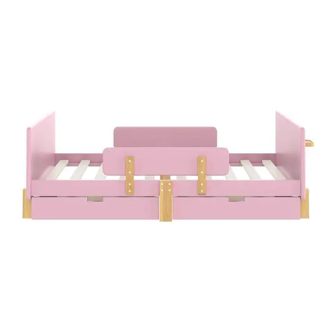 Alt view image 5 of 7 - Full Wood Platform Bed with Storage Drawers, Solid Wooden Bedframe with Guardrail, Modern Girl Boys Bed with Small Shelf and Hanging Hooks for Living Room, Bedroom, Guest Room, Dorm, Pink