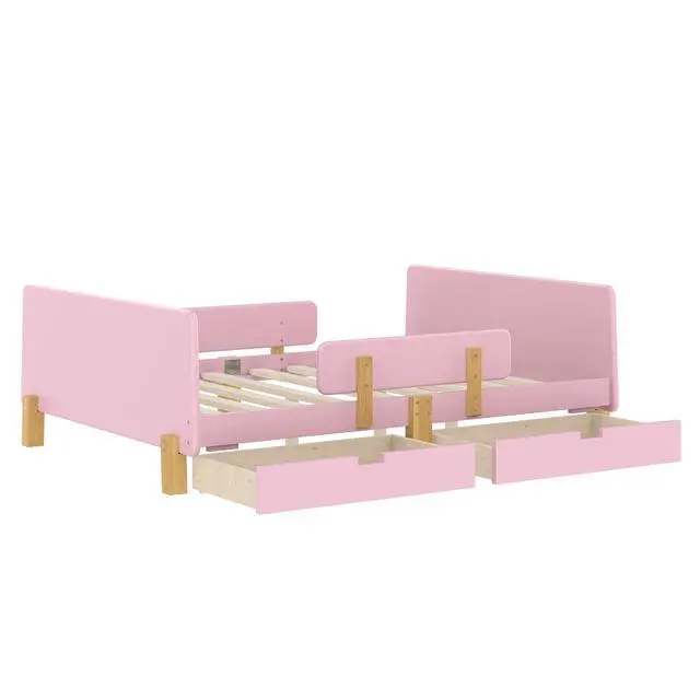 Alt view image 6 of 7 - Full Wood Platform Bed with Storage Drawers, Solid Wooden Bedframe with Guardrail, Modern Girl Boys Bed with Small Shelf and Hanging Hooks for Living Room, Bedroom, Guest Room, Dorm, Pink