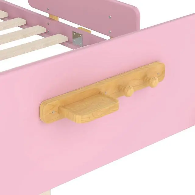 Alt view image 7 of 7 - Full Wood Platform Bed with Storage Drawers, Solid Wooden Bedframe with Guardrail, Modern Girl Boys Bed with Small Shelf and Hanging Hooks for Living Room, Bedroom, Guest Room, Dorm, Pink