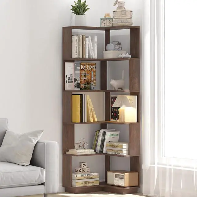 Main image of 6 Tier L-Shaped Corner Bookshelf, Freestanding Wooden Book Shelves, Open Bookcase Display Shelf with Side Panel and Anti Tipping Device, Storage Rack for Home Office Living Room, Bedroom, Dark Brown