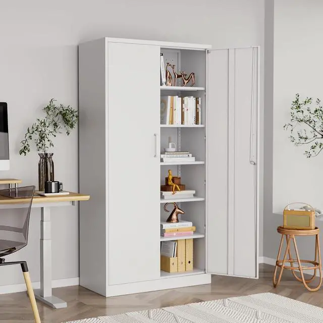 Alt view image 2 of 7 - 72"H Metal Storage Cabinets, Tall Locking Garage Cabinet with 2 Doors and 5 Adjustable Shelves, Steel Utility Tool Caninet, White Lockable Outdoor Storage Cabnet for Pantry, Garage, Home Office
