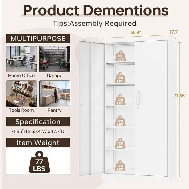 Alt view image 3 of 7 - 72"H Metal Storage Cabinets, Tall Locking Garage Cabinet with 2 Doors and 5 Adjustable Shelves, Steel Utility Tool Caninet, White Lockable Outdoor Storage Cabnet for Pantry, Garage, Home Office