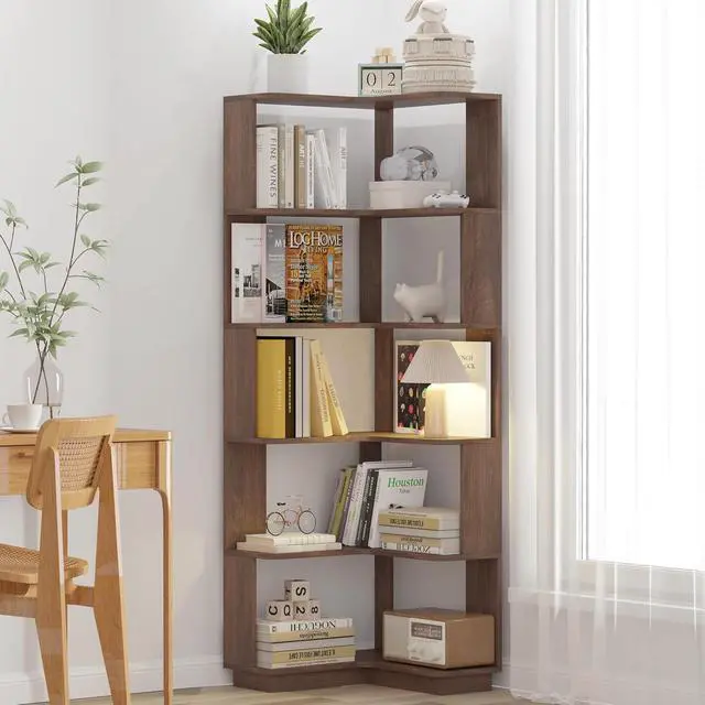 Alt view image 2 of 7 - 6 Tier L-Shaped Corner Bookshelf, Freestanding Wooden Book Shelves, Open Bookcase Display Shelf with Side Panel and Anti Tipping Device, Storage Rack for Home Office Living Room, Bedroom, Dark Brown