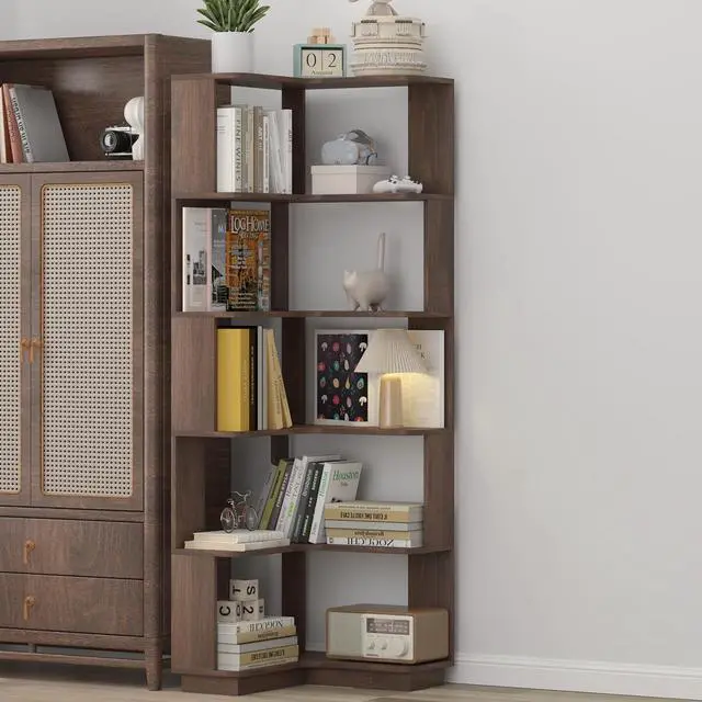 Alt view image 3 of 7 - 6 Tier L-Shaped Corner Bookshelf, Freestanding Wooden Book Shelves, Open Bookcase Display Shelf with Side Panel and Anti Tipping Device, Storage Rack for Home Office Living Room, Bedroom, Dark Brown