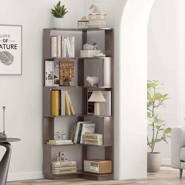 Alt view image 5 of 7 - 6 Tier L-Shaped Corner Bookshelf, Freestanding Wooden Book Shelves, Open Bookcase Display Shelf with Side Panel and Anti Tipping Device, Storage Rack for Home Office Living Room, Bedroom, Dark Brown
