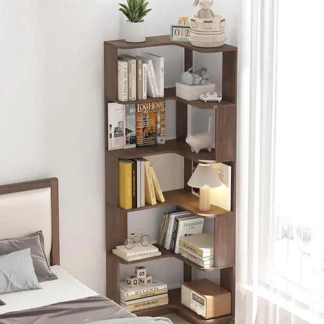 Alt view image 4 of 7 - 6 Tier L-Shaped Corner Bookshelf, Freestanding Wooden Book Shelves, Open Bookcase Display Shelf with Side Panel and Anti Tipping Device, Storage Rack for Home Office Living Room, Bedroom, Dark Brown