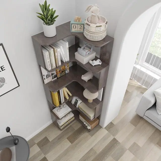 Alt view image 6 of 7 - 6 Tier L-Shaped Corner Bookshelf, Freestanding Wooden Book Shelves, Open Bookcase Display Shelf with Side Panel and Anti Tipping Device, Storage Rack for Home Office Living Room, Bedroom, Dark Brown