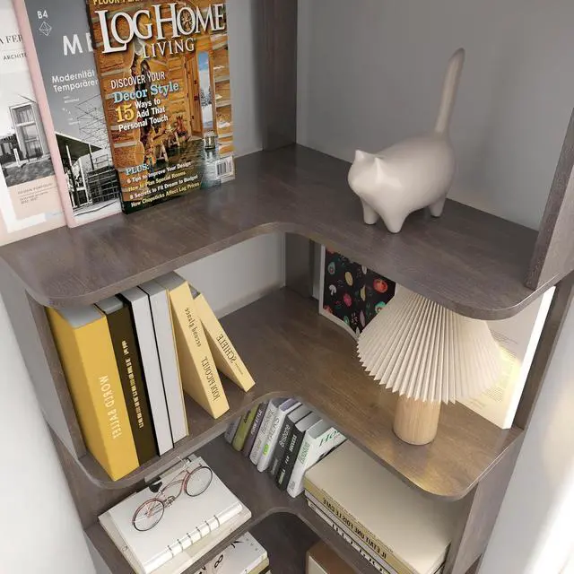 Alt view image 7 of 7 - 6 Tier L-Shaped Corner Bookshelf, Freestanding Wooden Book Shelves, Open Bookcase Display Shelf with Side Panel and Anti Tipping Device, Storage Rack for Home Office Living Room, Bedroom, Dark Brown
