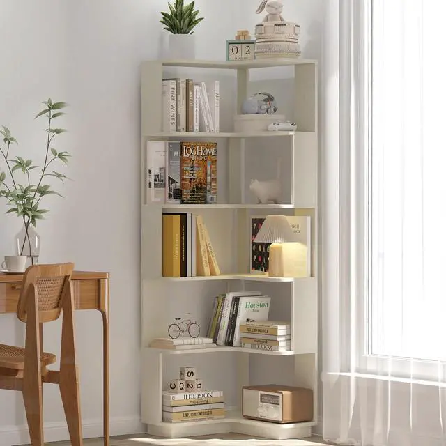 Alt view image 3 of 7 - 6 Tier L-Shaped Corner Bookshelf, Freestanding Wooden Book Shelves, Open Bookcase Display Shelf with Side Panel and Anti Tipping Device, Storage Rack for Home Office Living Room, Bedroom, White Oak