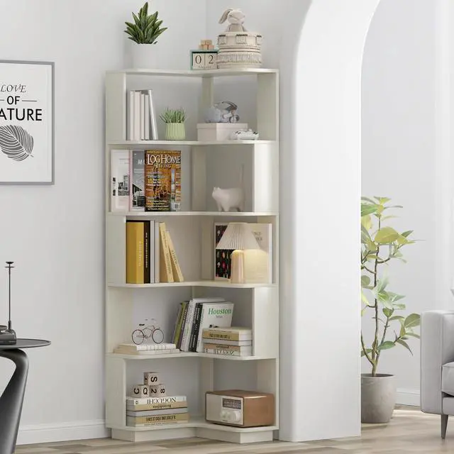 Alt view image 4 of 7 - 6 Tier L-Shaped Corner Bookshelf, Freestanding Wooden Book Shelves, Open Bookcase Display Shelf with Side Panel and Anti Tipping Device, Storage Rack for Home Office Living Room, Bedroom, White Oak
