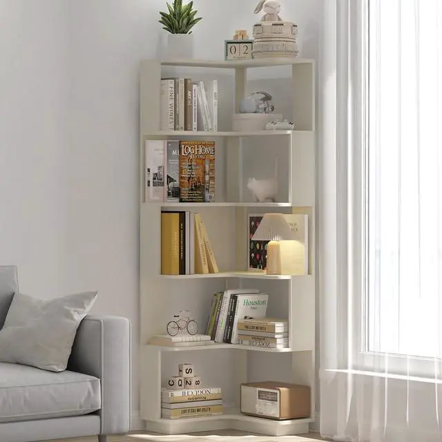 Main image of 6 Tier L-Shaped Corner Bookshelf, Freestanding Wooden Book Shelves, Open Bookcase Display Shelf with Side Panel and Anti Tipping Device, Storage Rack for Home Office Living Room, Bedroom, White Oak