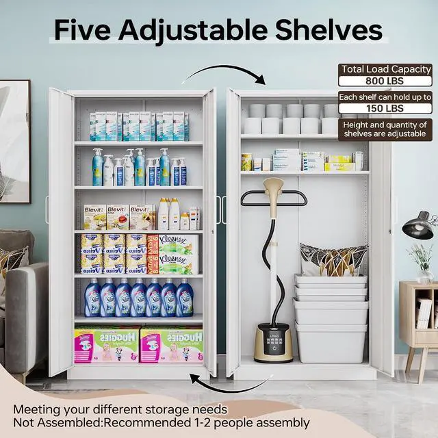 Alt view image 4 of 7 - 72"H Metal Storage Cabinets, Tall Locking Garage Cabinet with 2 Doors and 5 Adjustable Shelves, Steel Utility Tool Caninet, White Lockable Outdoor Storage Cabnet for Pantry, Garage, Home Office