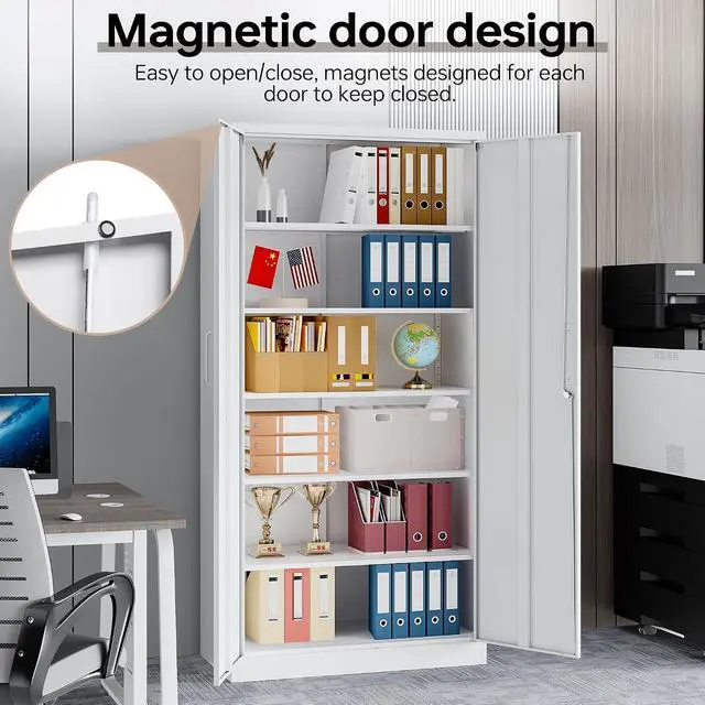 Alt view image 6 of 7 - 72"H Metal Storage Cabinets, Tall Locking Garage Cabinet with 2 Doors and 5 Adjustable Shelves, Steel Utility Tool Caninet, White Lockable Outdoor Storage Cabnet for Pantry, Garage, Home Office