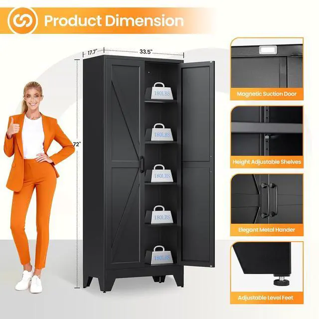 Alt view image 3 of 7 - Metal Black Storage Cabinet with 2 Doors and 4 Adjustable Shelve, 72" Tall Kitchen Pantry cabinets, Farmhouse Food Pantry Cabinet,5 Tier Freestanding Barn Door Cupboard for Kitchen Dining/Living Room