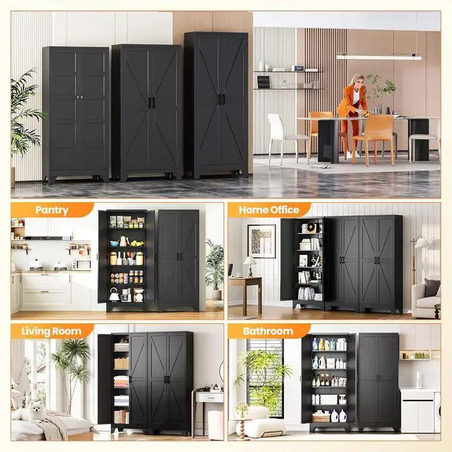 Alt view image 4 of 7 - Metal Black Storage Cabinet with 2 Doors and 4 Adjustable Shelve, 72" Tall Kitchen Pantry cabinets, Farmhouse Food Pantry Cabinet,5 Tier Freestanding Barn Door Cupboard for Kitchen Dining/Living Room