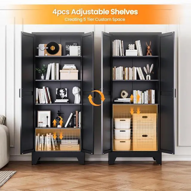 Alt view image 5 of 7 - Metal Black Storage Cabinet with 2 Doors and 4 Adjustable Shelve, 72" Tall Kitchen Pantry cabinets, Farmhouse Food Pantry Cabinet,5 Tier Freestanding Barn Door Cupboard for Kitchen Dining/Living Room