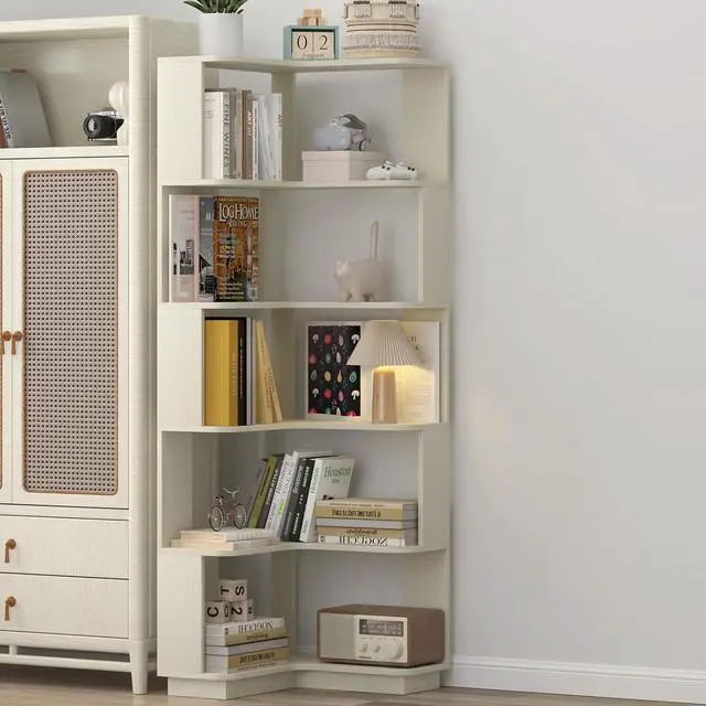 Alt view image 5 of 7 - 6 Tier L-Shaped Corner Bookshelf, Freestanding Wooden Book Shelves, Open Bookcase Display Shelf with Side Panel and Anti Tipping Device, Storage Rack for Home Office Living Room, Bedroom, White Oak