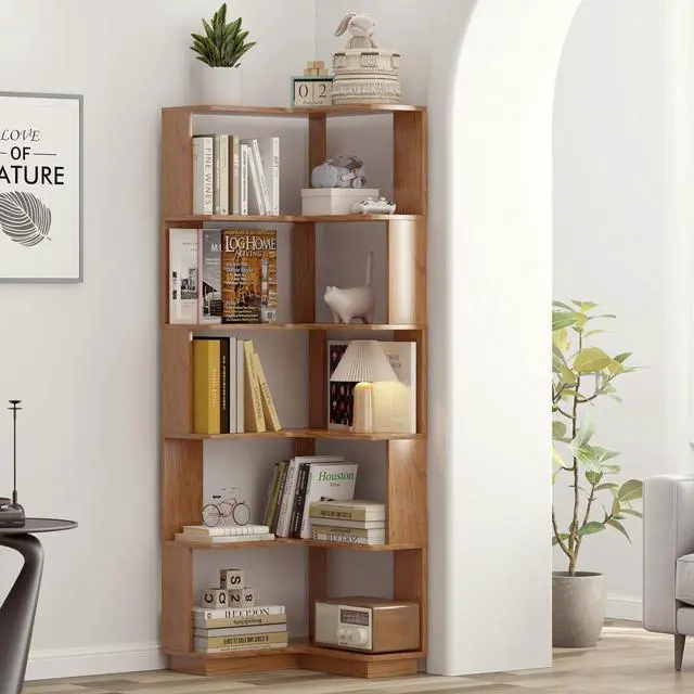 Main image of 6 Tier L-Shaped Corner Bookshelf, Freestanding Wooden Book Shelves, Open Bookcase Display Shelf with Side Panel and Anti Tipping Device, Storage Rack for Home Office Living Room, Bedroom, Dark Oak