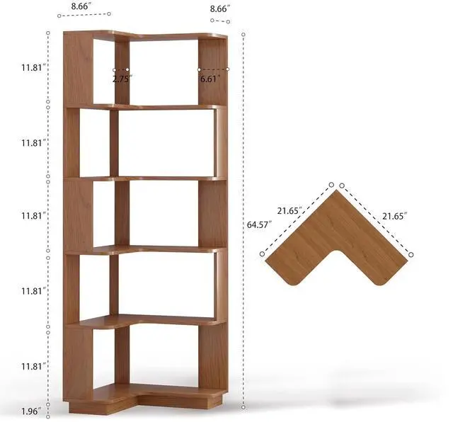 Alt view image 2 of 7 - 6 Tier L-Shaped Corner Bookshelf, Freestanding Wooden Book Shelves, Open Bookcase Display Shelf with Side Panel and Anti Tipping Device, Storage Rack for Home Office Living Room, Bedroom, Dark Oak