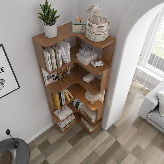 Alt view image 3 of 7 - 6 Tier L-Shaped Corner Bookshelf, Freestanding Wooden Book Shelves, Open Bookcase Display Shelf with Side Panel and Anti Tipping Device, Storage Rack for Home Office Living Room, Bedroom, Dark Oak