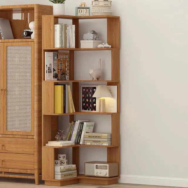 Alt view image 4 of 7 - 6 Tier L-Shaped Corner Bookshelf, Freestanding Wooden Book Shelves, Open Bookcase Display Shelf with Side Panel and Anti Tipping Device, Storage Rack for Home Office Living Room, Bedroom, Dark Oak