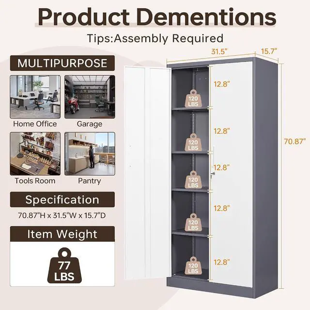 Alt view image 3 of 7 - Metal Storage Cabinet with Lock,71" Garage Cabinets with 2 Doors and 4 Adjustable Shelves, Steel Locking Caninets Tall Tool Storage Cabnet, Lockable File Caninet for Home Office, Pantry