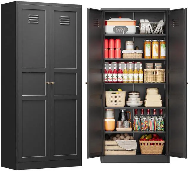 Main image of 71" Tall Kitchen Pantry Storage Cabinet with 2 Doors and 5 Adjustable Shelve, Metal Black Food Pantry Cabinet, Kitchen Cabinet Storage Unit,6 Tier Freestanding Cupboard for Kitchen Dining/Living Room