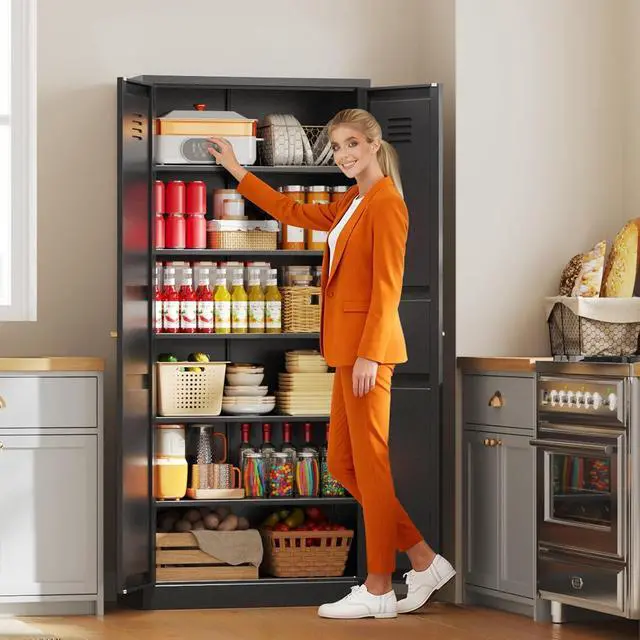 Alt view image 2 of 7 - 71" Tall Kitchen Pantry Storage Cabinet with 2 Doors and 5 Adjustable Shelve, Metal Black Food Pantry Cabinet, Kitchen Cabinet Storage Unit,6 Tier Freestanding Cupboard for Kitchen Dining/Living Room